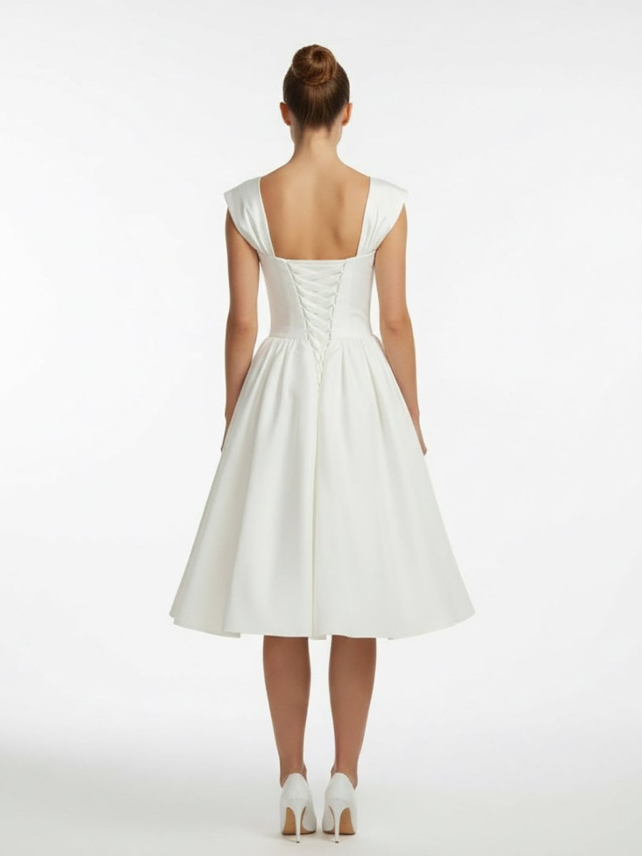 KissDress-Straps Sleeveless Lace-Up Back Tea-Length Satin Wedding Dress