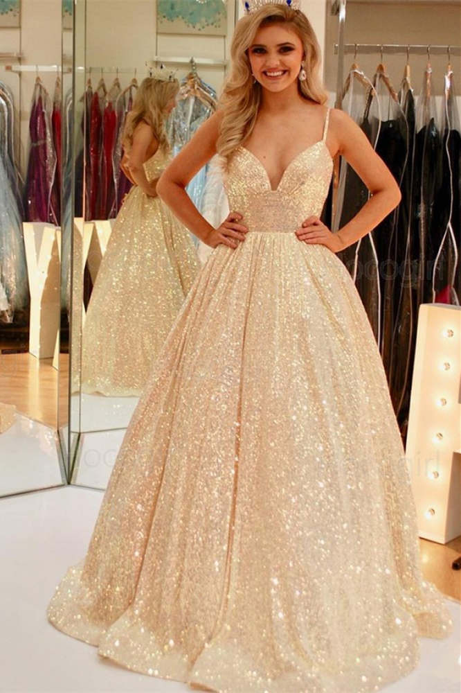 Stunning Pink Sequins A-Line Long Prom Dress