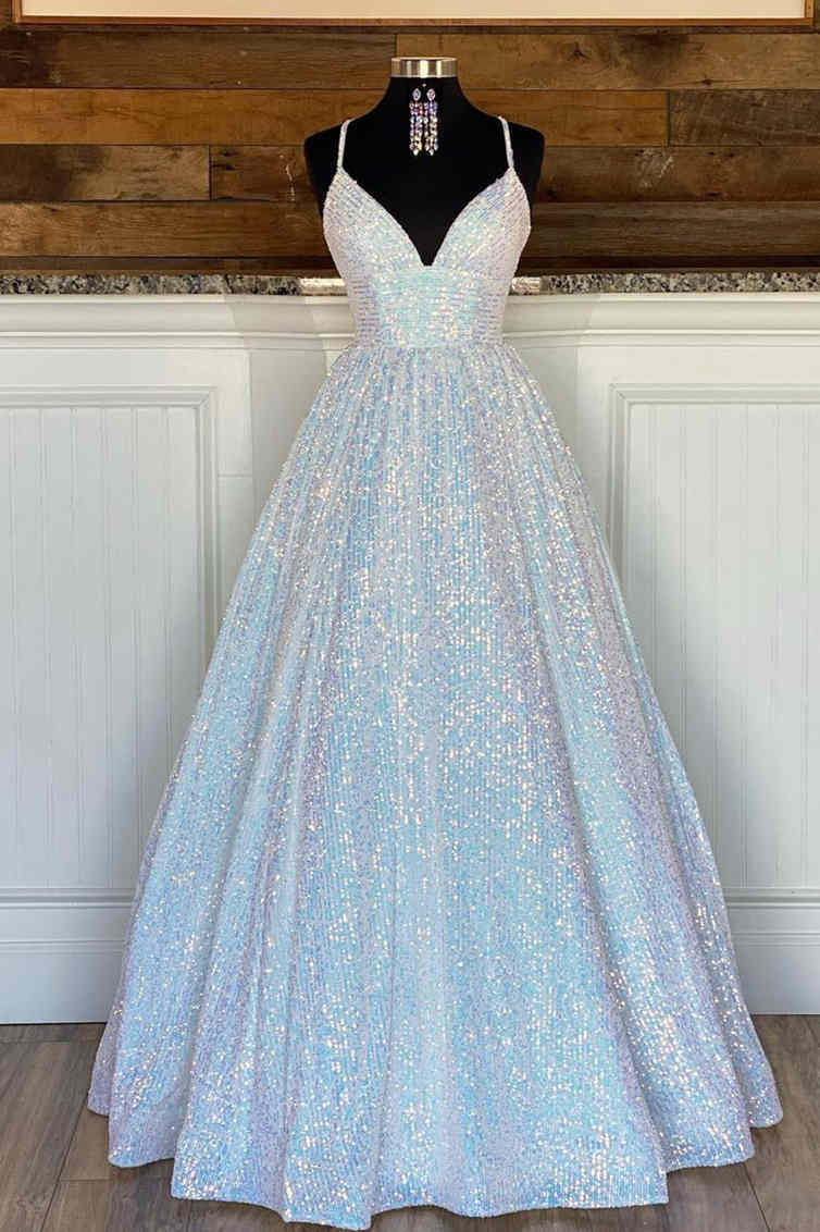 Stunning Pink Sequins A-Line Long Prom Dress