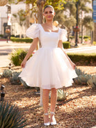 Yuna | A - Line Square - Neck Short Wedding Dress With Puffy Pearls Sleeves - KissProm