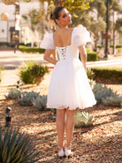 Yuna | A - Line Square - Neck Short Wedding Dress With Puffy Pearls Sleeves - KissProm