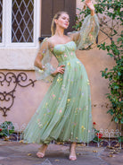 Sweetheart Embroidery Tea - Length Tulle Puff Sleeves Floral Corset Prom Dress - KissProm