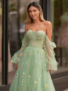 Sweetheart Embroidery Tea - Length Tulle Puff Sleeves Floral Corset Prom Dress - KissProm