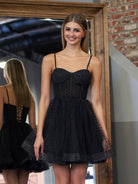 Jeantte | Sweetheart Spaghetti Straps Black Short Tulle Homecoming Dress - KissProm