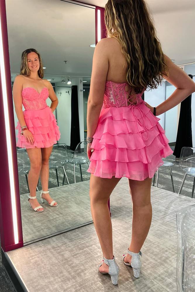 A-Line Strapless Tiered Corset Short Homecoming Dress with Appliques