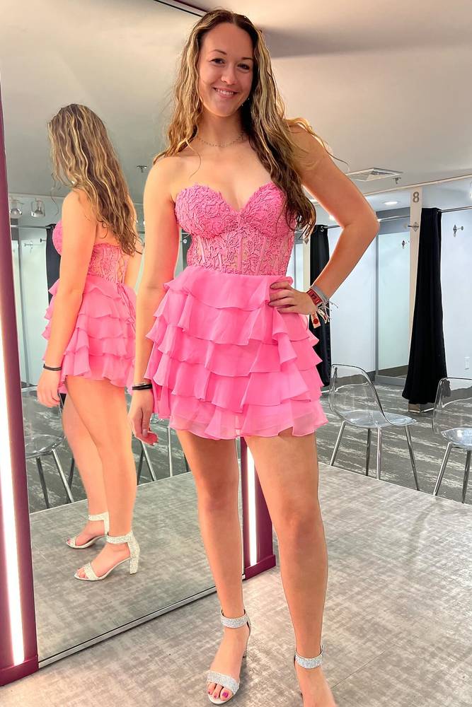 A-Line Strapless Tiered Corset Short Homecoming Dress with Appliques