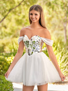 Temmie | White Off - the - Shoulder Short Party Dress with Cut Glass Mirrors - KissProm