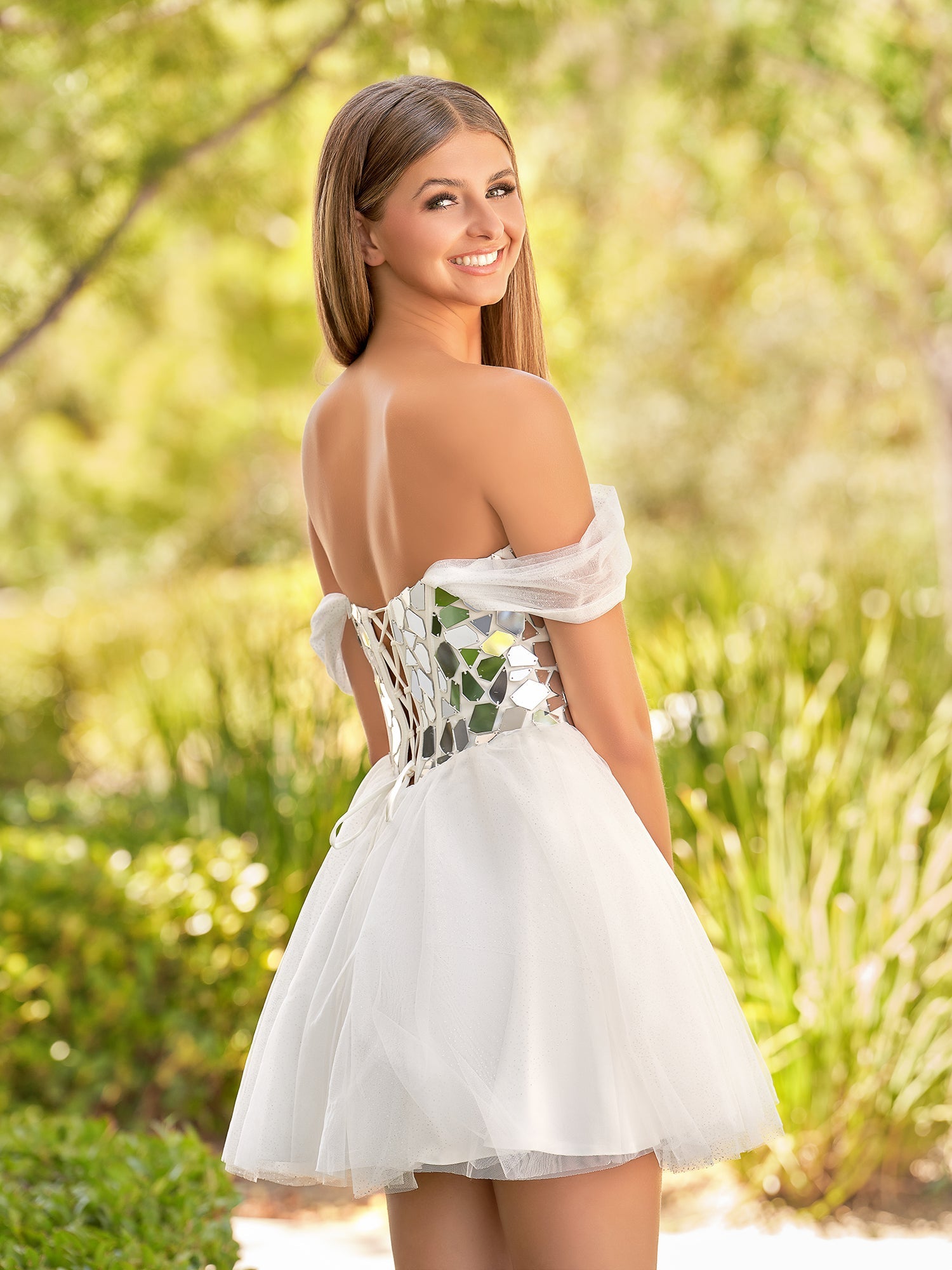 White Off-the-Shoulder Short Party Dresses with Cut Glass Mirrors