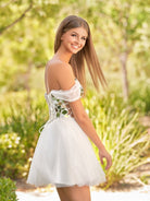 Temmie | White Off - the - Shoulder Short Party Dress with Cut Glass Mirrors - KissProm