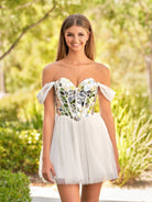 Temmie | White Off - the - Shoulder Short Party Dress with Cut Glass Mirrors - KissProm
