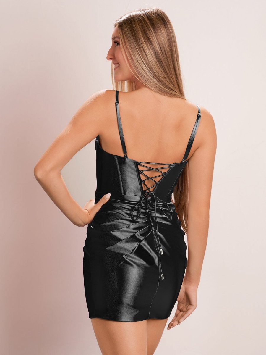 Tiara| Pleated V - neck Spaghetti Straps Sheath Short Homecoming Dresses - KissProm