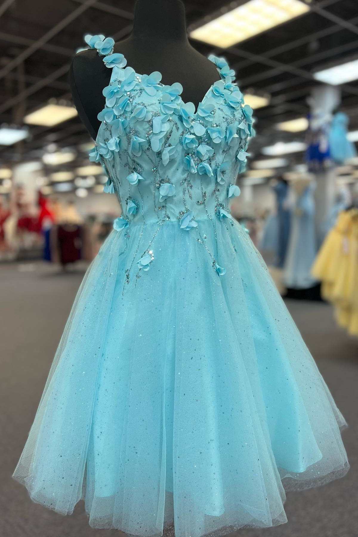 Tiffany Blue 3D Floral Lace Sweetheart Backless A-Line Short Party Dress