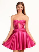 Tricia | A - line Strapless Fuchsia Pleated Homecoming Dress with Keyhole - KissProm