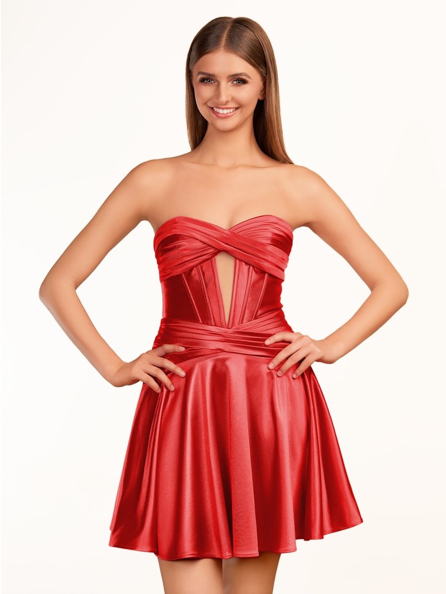Tricia | A - line Strapless Fuchsia Pleated Homecoming Dress with Keyhole - KissProm