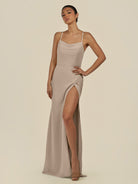 KissDress-Unity Almond Sheath Spaghetti Straps Chiffon Ruched Long Bridesmaid Dress