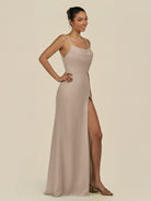 KissDress-Unity Almond Sheath Spaghetti Straps Chiffon Ruched Long Bridesmaid Dress