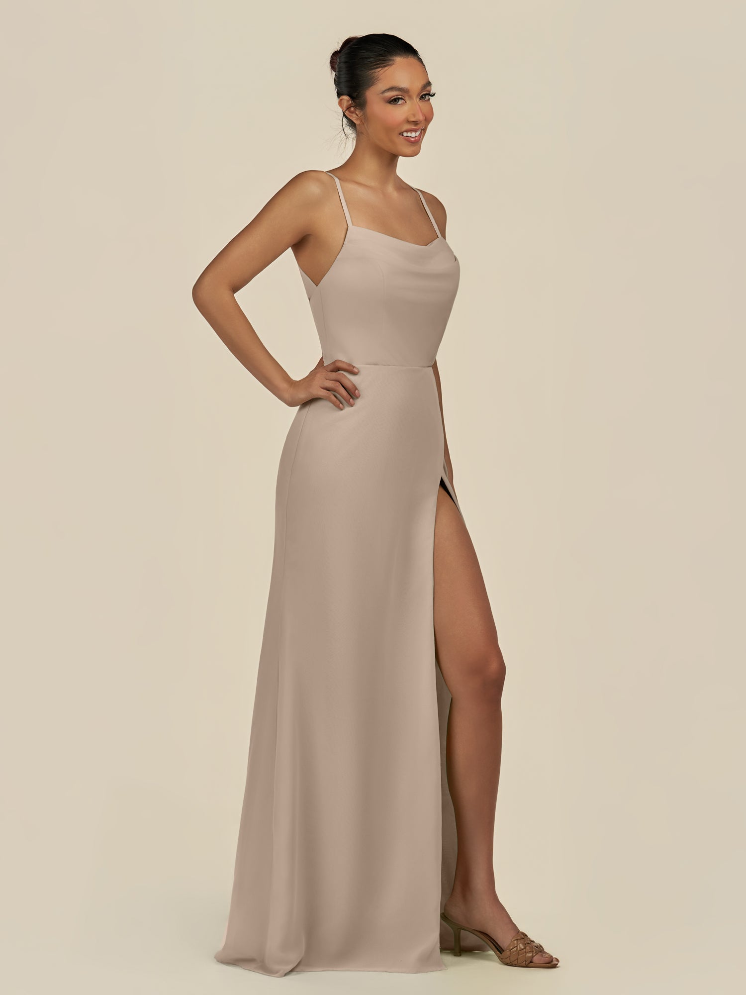 KissDress-Unity Almond Sheath Spaghetti Straps Chiffon Ruched Long Bridesmaid Dress