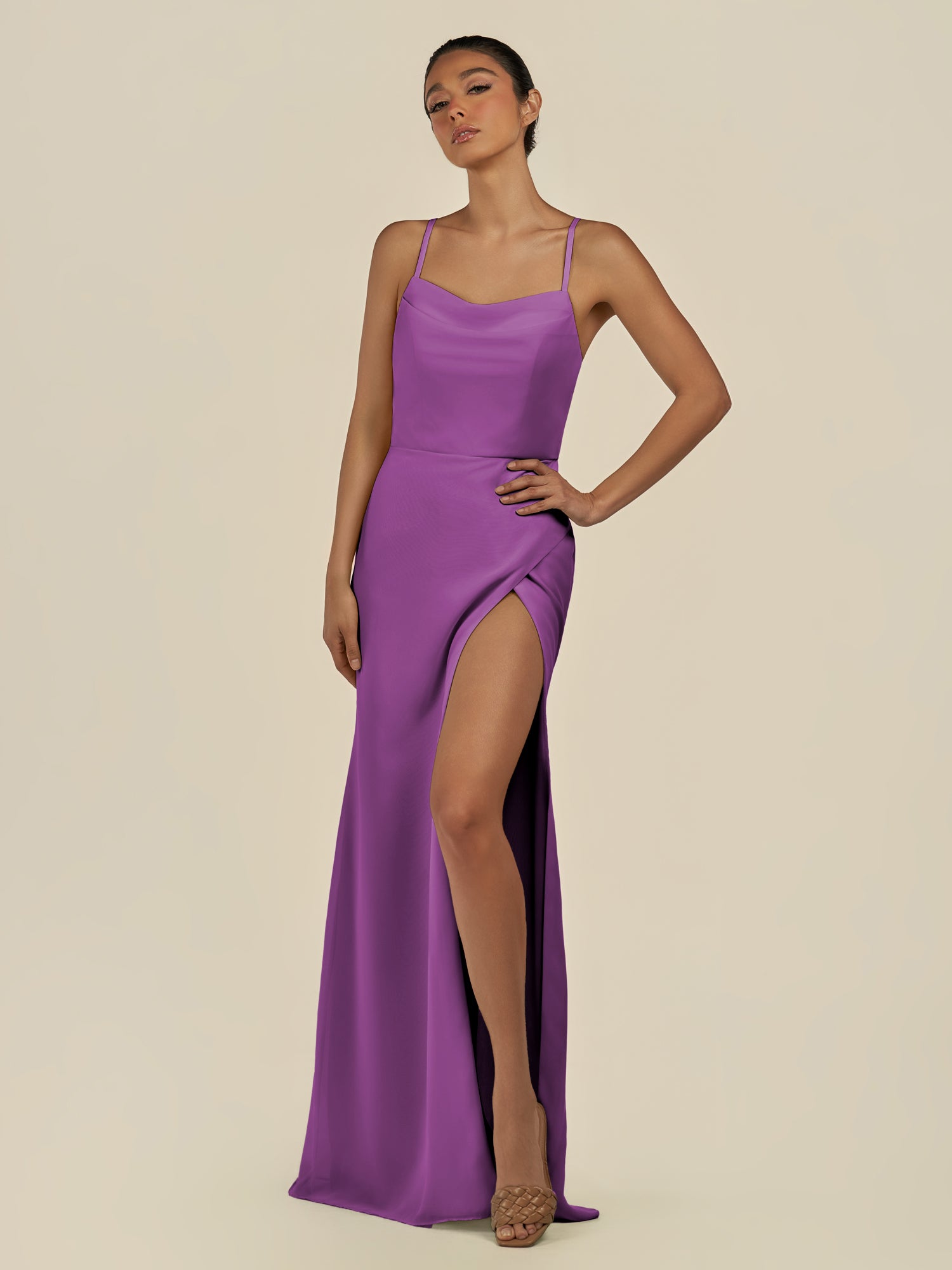 KissDress-Unity Amethyst Sheath Spaghetti Straps Chiffon Ruched Long Bridesmaid Dress