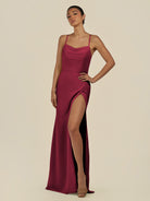 KissDress-Unity Berry Sheath Spaghetti Straps Chiffon Ruched Long Bridesmaid Dress