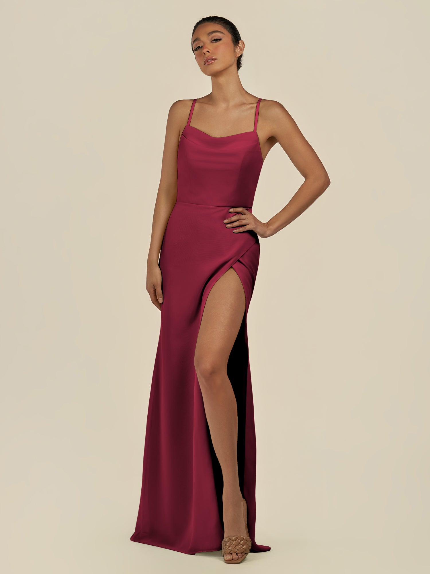 KissDress-Unity Berry Sheath Spaghetti Straps Chiffon Ruched Long Bridesmaid Dress