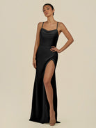 KissDress-Unity Black Sheath Spaghetti Straps Chiffon Ruched Long Bridesmaid Dress