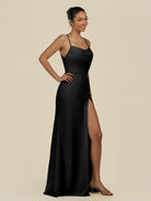 KissDress-Unity Black Sheath Spaghetti Straps Chiffon Ruched Long Bridesmaid Dress