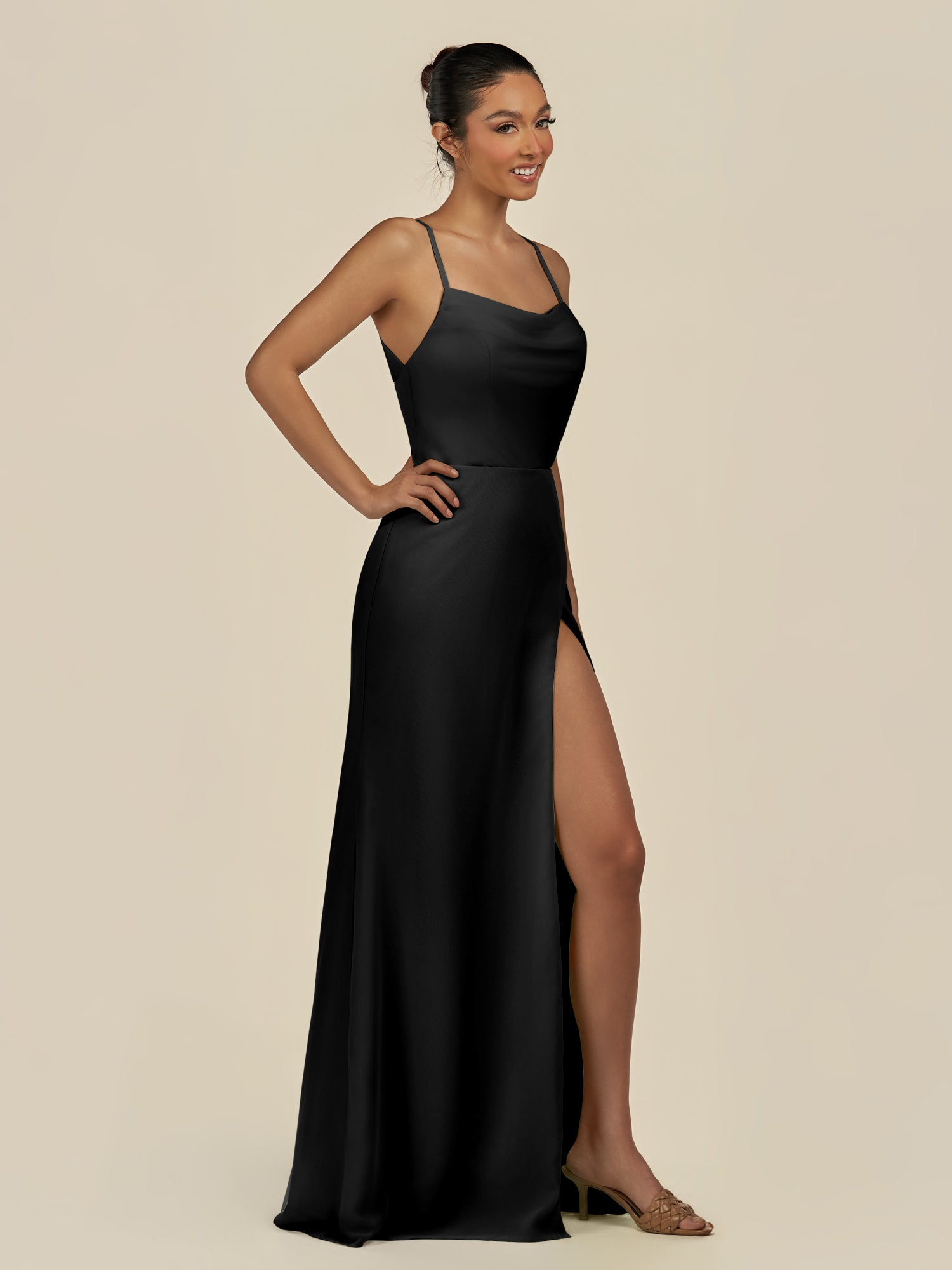 KissDress-Unity Black Sheath Spaghetti Straps Chiffon Ruched Long Bridesmaid Dress
