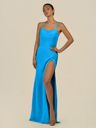 KissDress-Unity Blue Jay Sheath Spaghetti Straps Chiffon Ruched Long Bridesmaid Dress