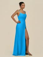KissDress-Unity Blue Jay Sheath Spaghetti Straps Chiffon Ruched Long Bridesmaid Dress