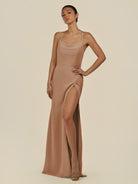 KissDress-Unity Bronzer Sheath Spaghetti Straps Chiffon Ruched Long Bridesmaid Dress