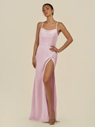 KissDress-Unity Candy Pink Sheath Spaghetti Straps Chiffon Ruched Long Bridesmaid Dress