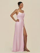 KissDress-Unity Candy Pink Sheath Spaghetti Straps Chiffon Ruched Long Bridesmaid Dress