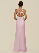 KissDress-Unity Candy Pink Sheath Spaghetti Straps Chiffon Ruched Long Bridesmaid Dress
