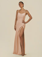 KissDress-Unity Champagne Rose Sheath Spaghetti Straps Chiffon Ruched Long Bridesmaid Dress