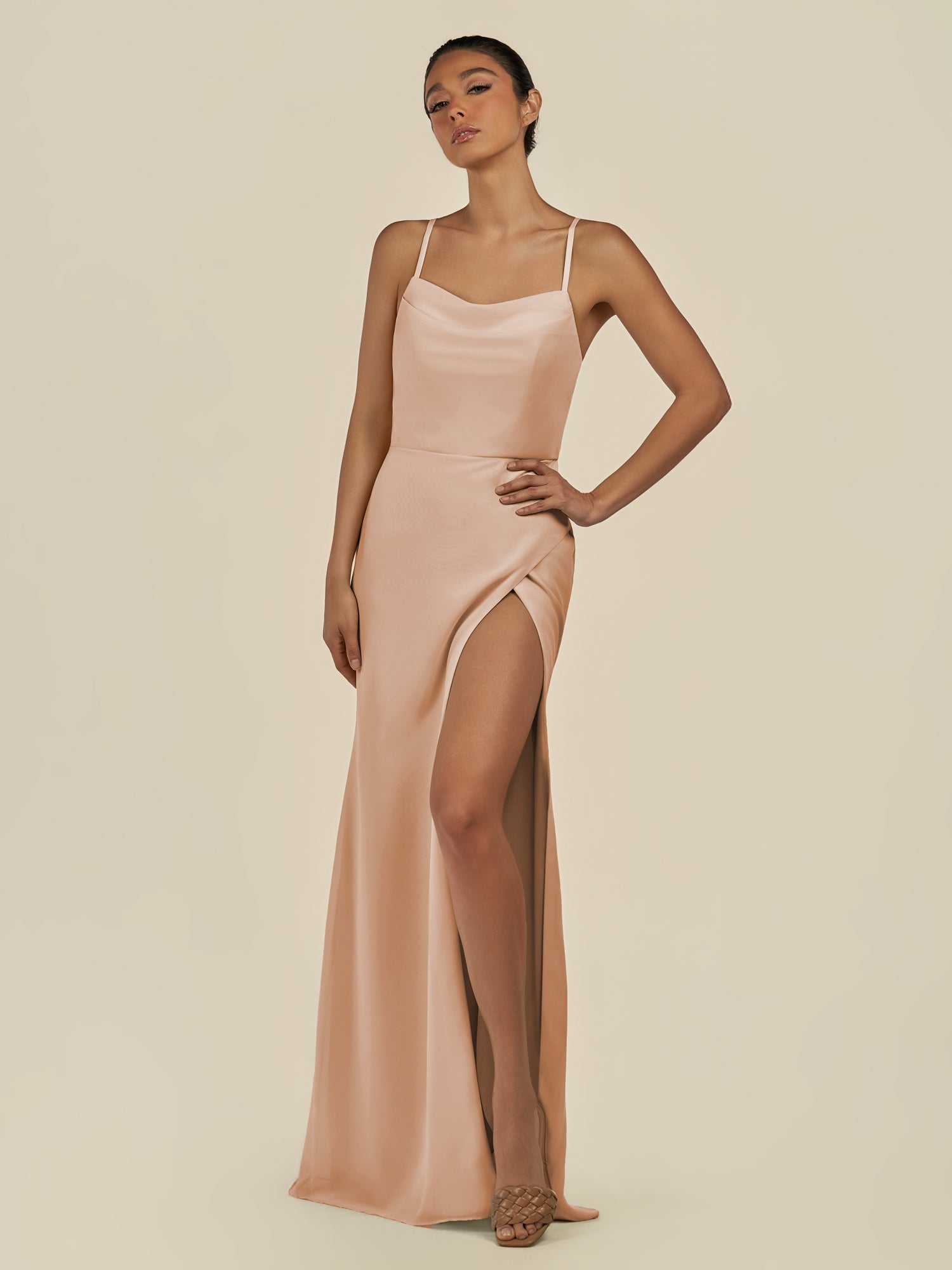KissDress-Unity Champagne Rose Sheath Spaghetti Straps Chiffon Ruched Long Bridesmaid Dress