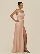 KissDress-Unity Champagne Rose Sheath Spaghetti Straps Chiffon Ruched Long Bridesmaid Dress