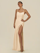 KissDress-Unity Champagne Sheath Spaghetti Straps Chiffon Ruched Long Bridesmaid Dress