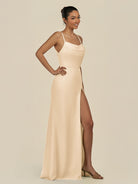 KissDress-Unity Champagne Sheath Spaghetti Straps Chiffon Ruched Long Bridesmaid Dress