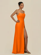 KissDress-Unity Cinnamon Sheath Spaghetti Straps Chiffon Ruched Long Bridesmaid Dress