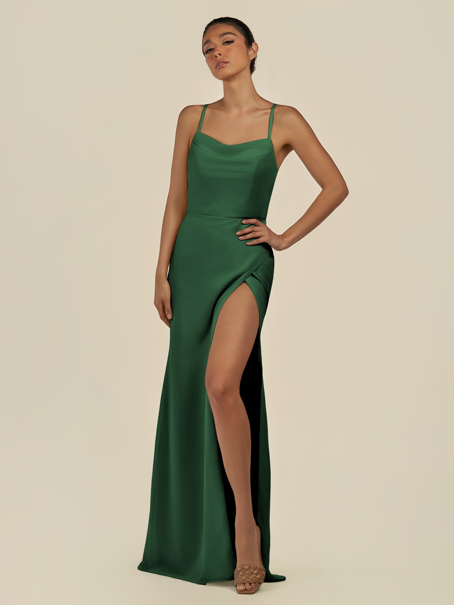 KissDress-Unity Dark Green Sheath Spaghetti Straps Chiffon Ruched Long Bridesmaid Dress