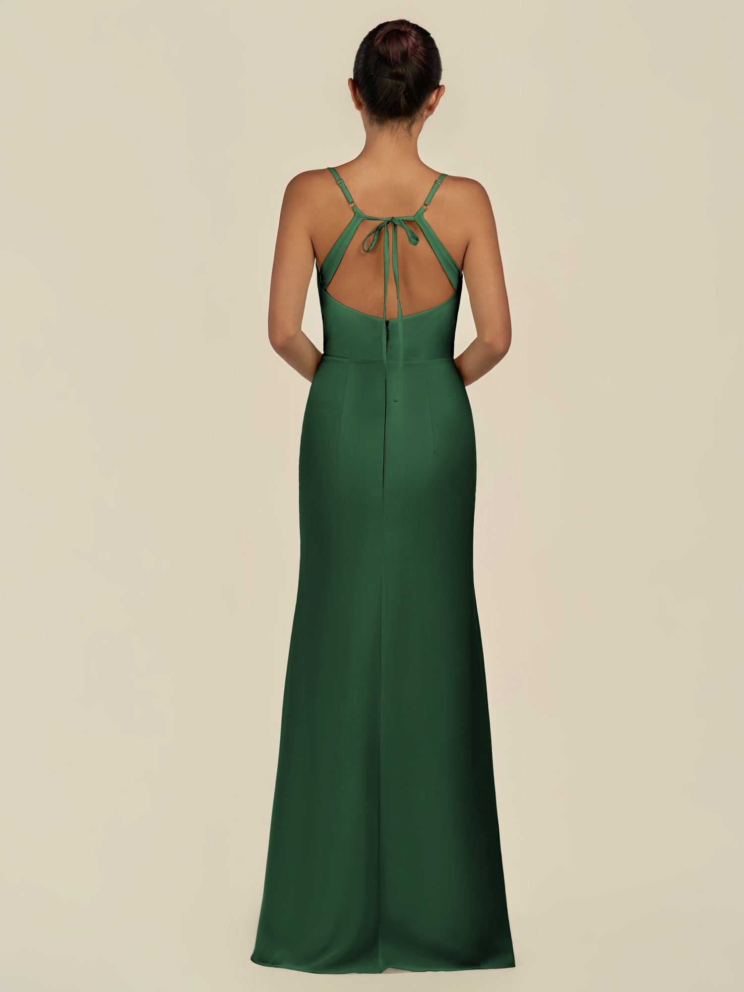 KissDress-Unity Dark Green Sheath Spaghetti Straps Chiffon Ruched Long Bridesmaid Dress