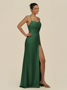 KissDress-Unity Dark Green Sheath Spaghetti Straps Chiffon Ruched Long Bridesmaid Dress