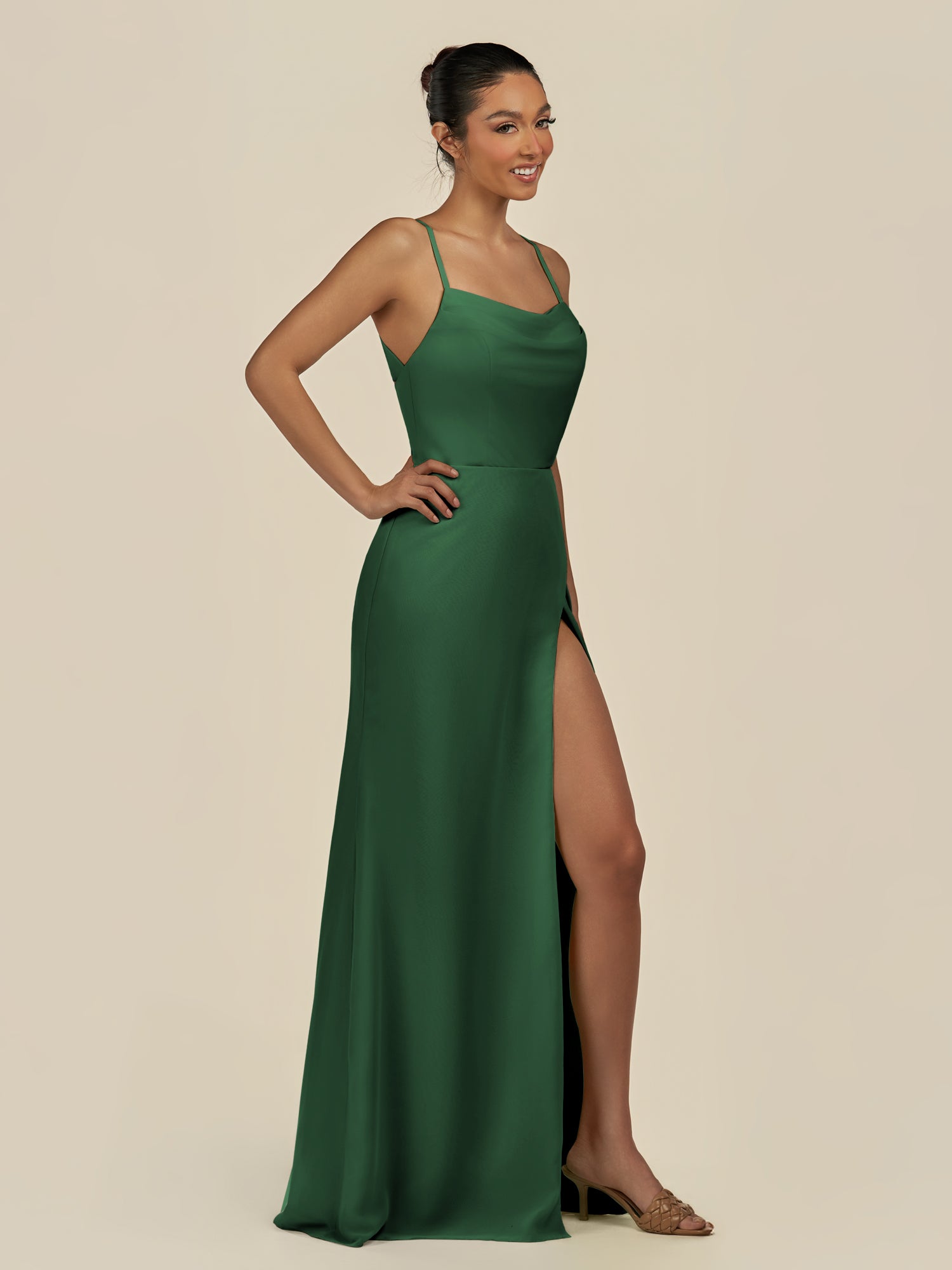 KissDress-Unity Dark Green Sheath Spaghetti Straps Chiffon Ruched Long Bridesmaid Dress