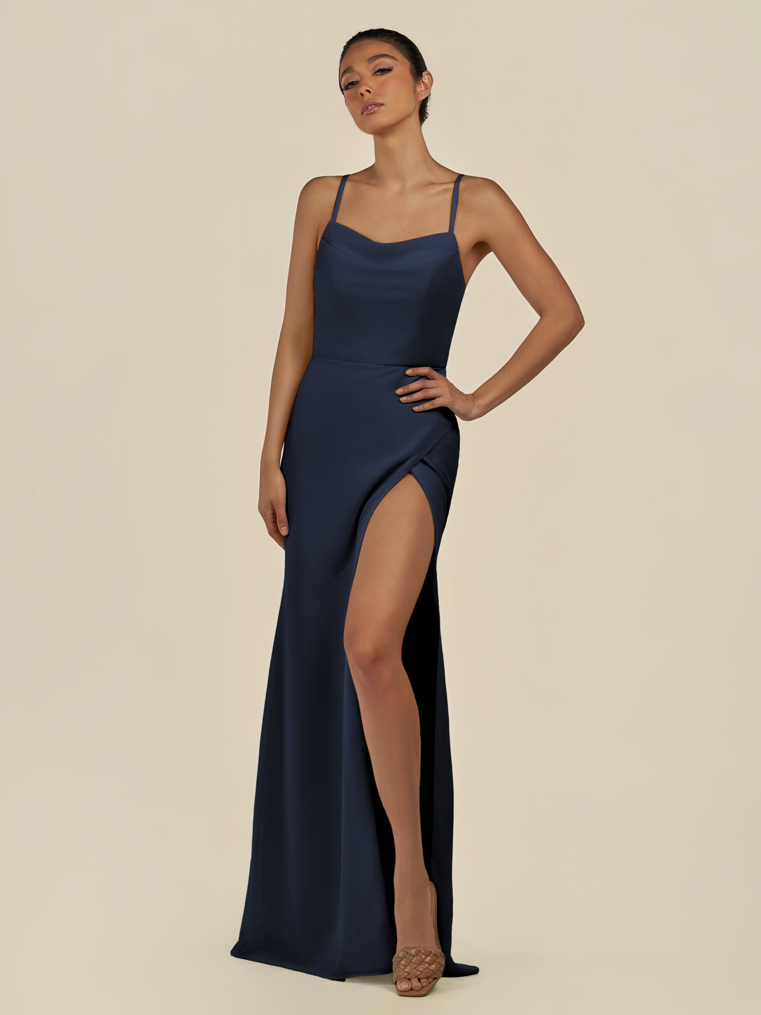 KissDress-Unity Dark Navy Sheath Spaghetti Straps Chiffon Ruched Long Bridesmaid Dress