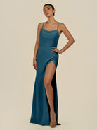 KissDress-Unity Dark Teal Sheath Spaghetti Straps Chiffon Ruched Long Bridesmaid Dress