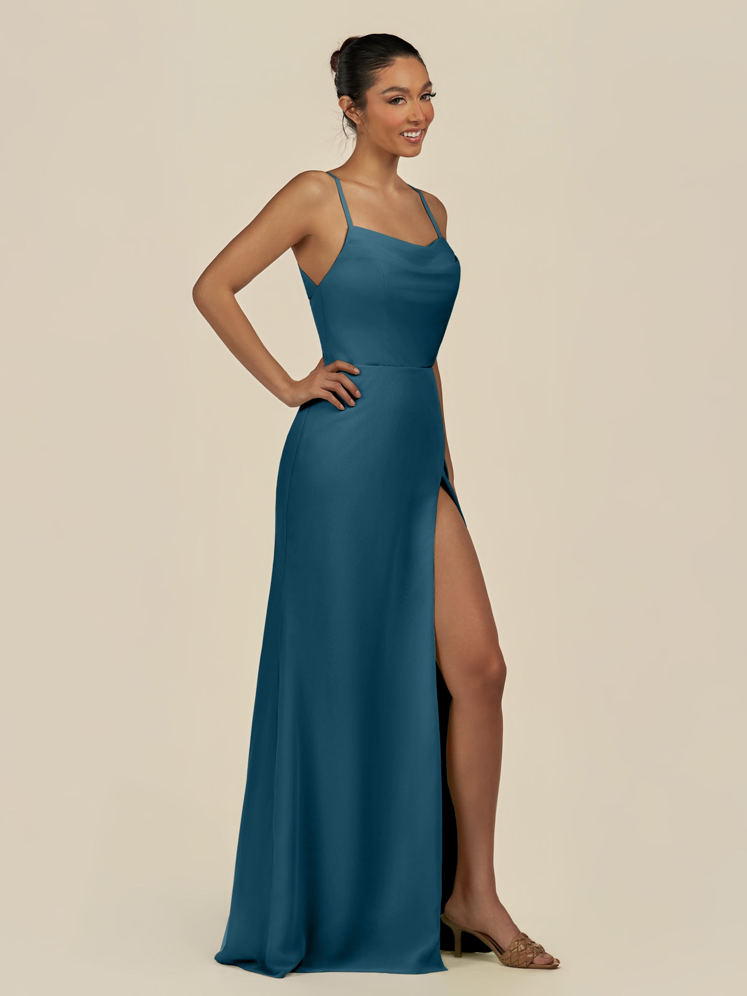 KissDress-Unity Dark Teal Sheath Spaghetti Straps Chiffon Ruched Long Bridesmaid Dress