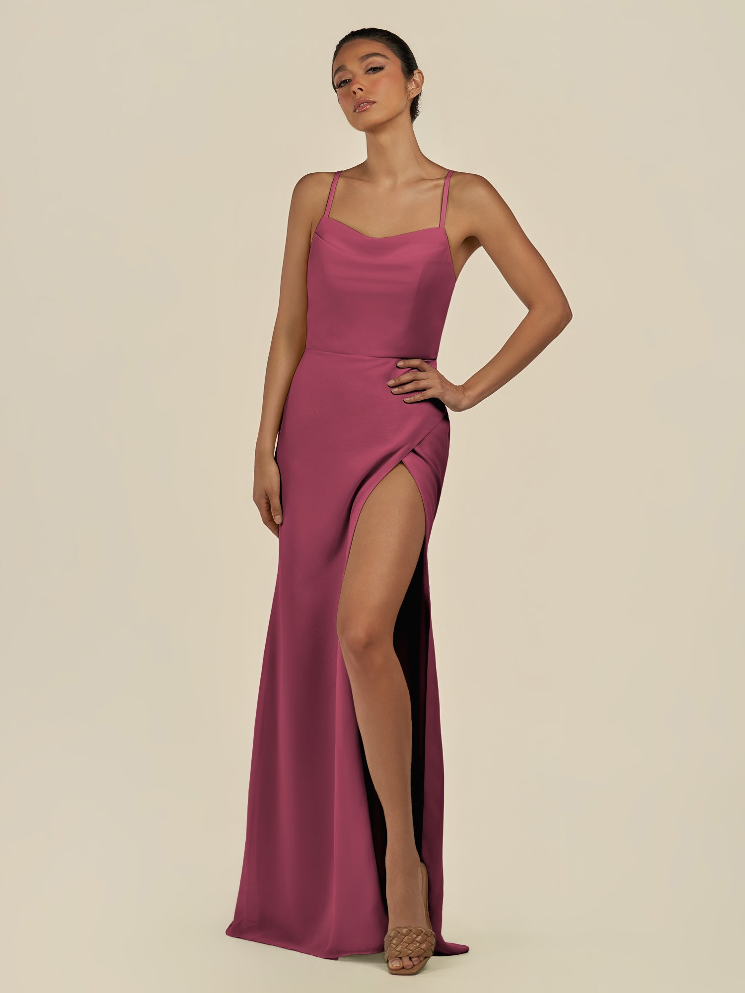 KissDress-Unity Desert Rose Sheath Spaghetti Straps Chiffon Ruched Long Bridesmaid Dress