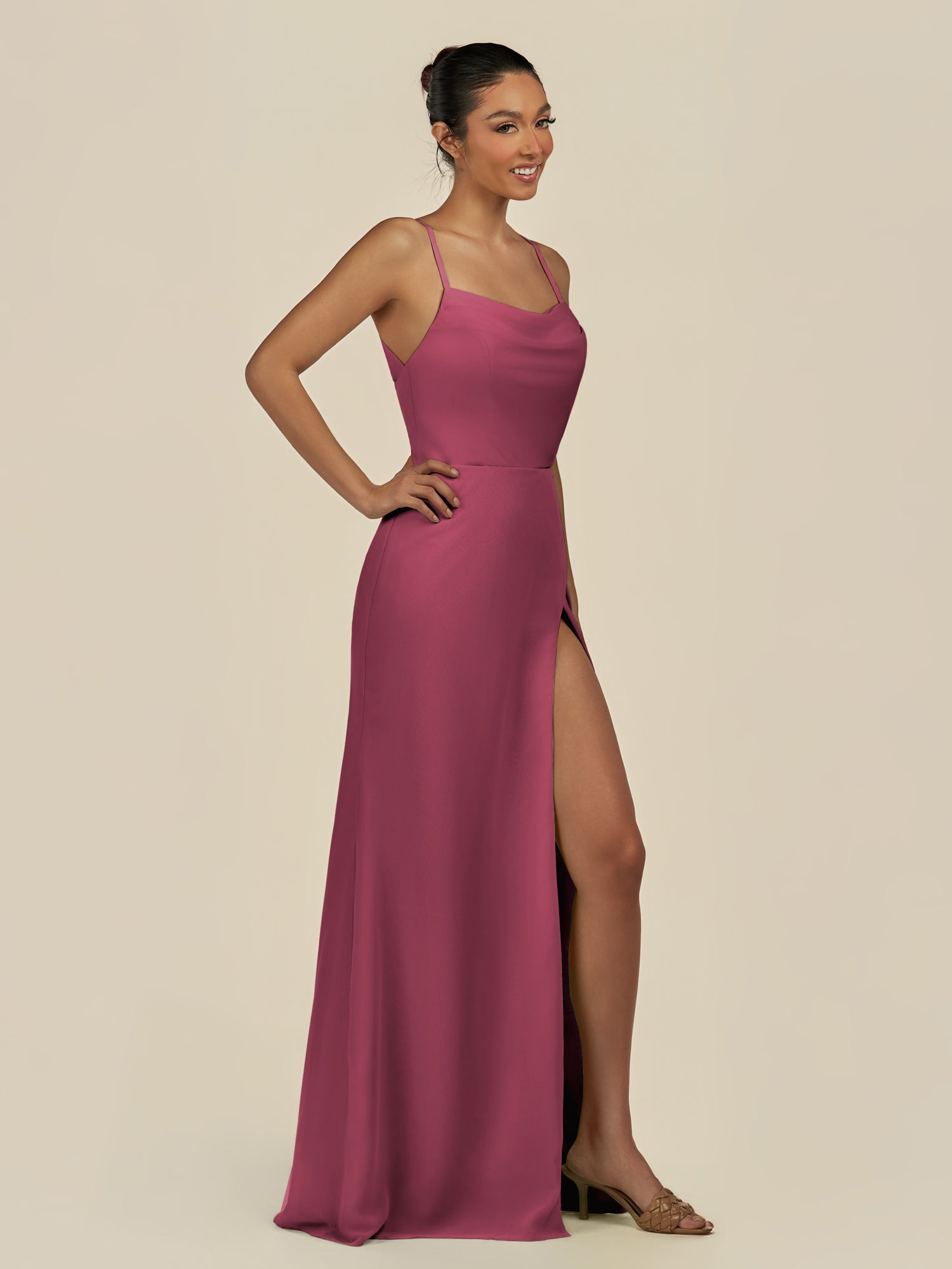 KissDress-Unity Desert Rose Sheath Spaghetti Straps Chiffon Ruched Long Bridesmaid Dress