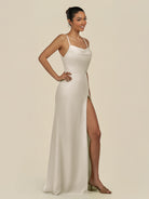 KissDress-Unity Dove Gray Sheath Spaghetti Straps Chiffon Ruched Long Bridesmaid Dress