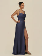 KissDress-Unity Dusk Blue Sheath Spaghetti Straps Chiffon Ruched Long Bridesmaid Dress